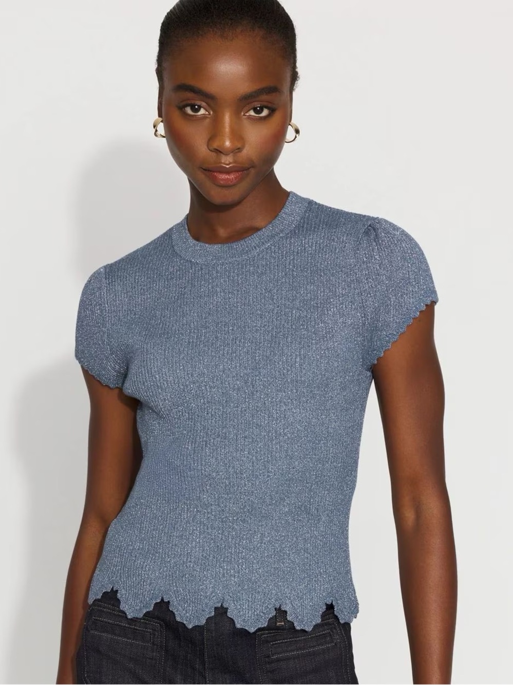 NWT White House Black Market Blue Scalloped Hem Short Sleeve Sweater